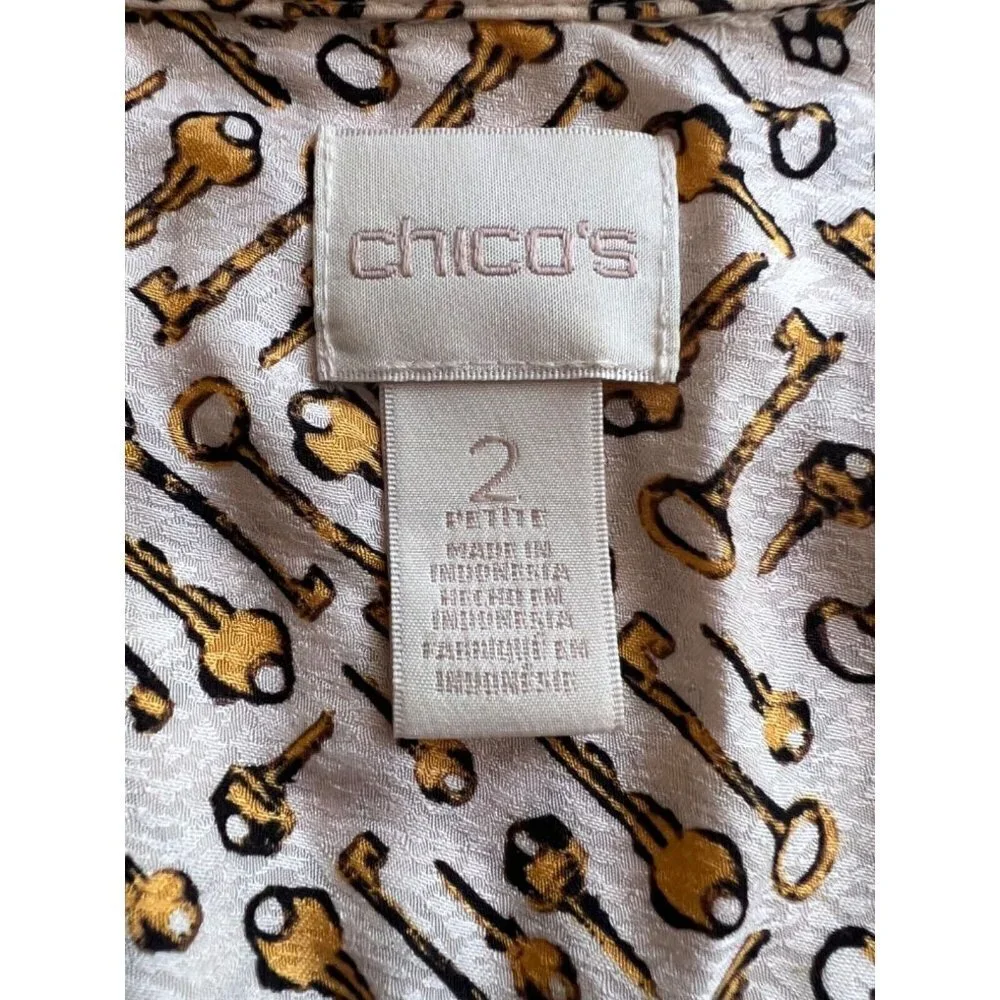Chico's 2 or L Petite Top Golden Keys Prints Soft Button Shirt Blouse Long Slv - Picture 7 of 7